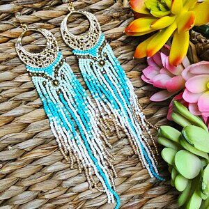 Earrings. Ornate Gold Hoops. Turquoise, White & Aqua Seed Bead Fringe. Pierced.